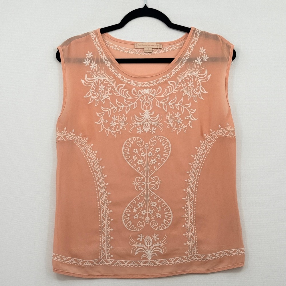 Champagne & Strawberry Blouse Women Small Peach Fairycore Boho Cottagecore Top